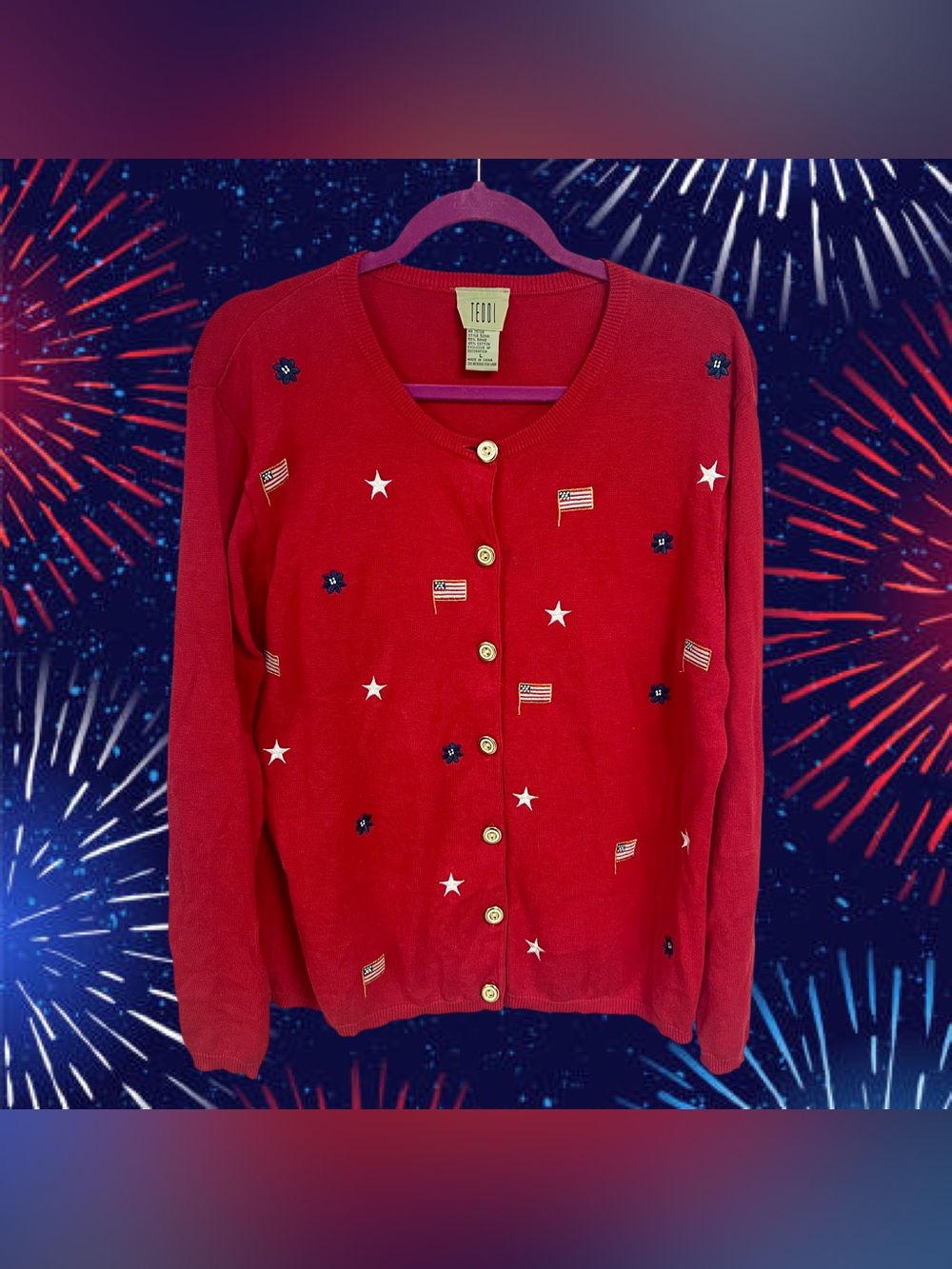 Vintage Teddi embroidered American flags red cardigan sweater